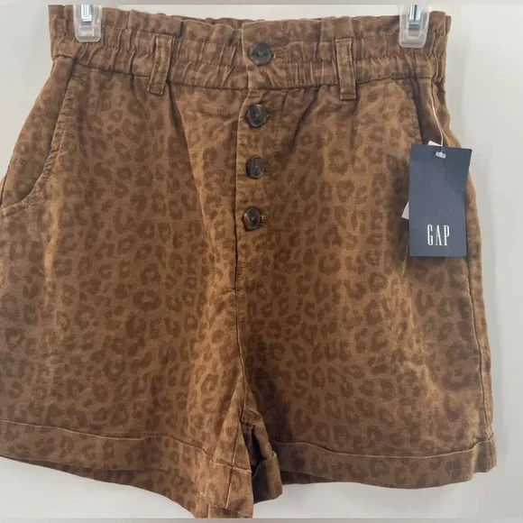 GAP Women’s Button Fly Leopard Print High Rise Linen Blend Shorts